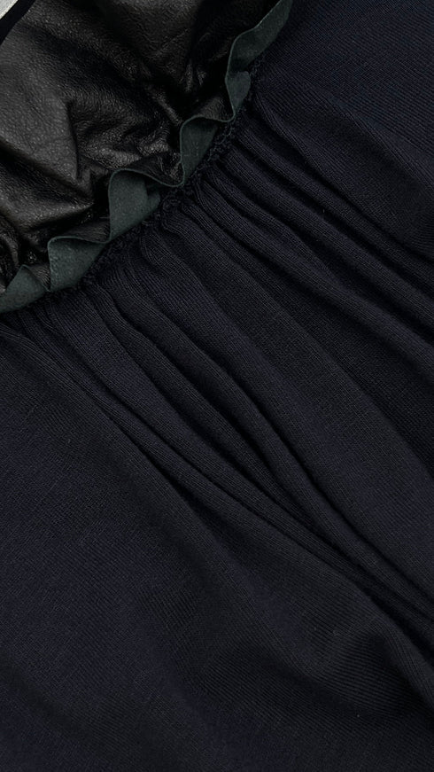 Abito midi blu collo arricciato