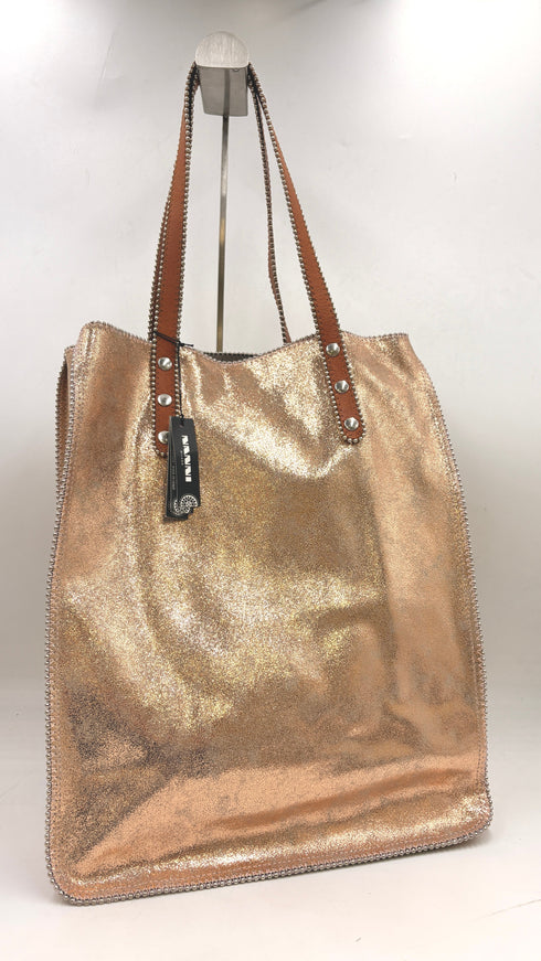 Tote-bag spalmato oro-rosa con cartellino