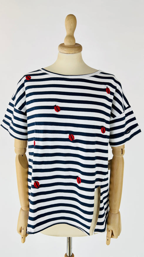 T-shirt a righe ricamo coccinella