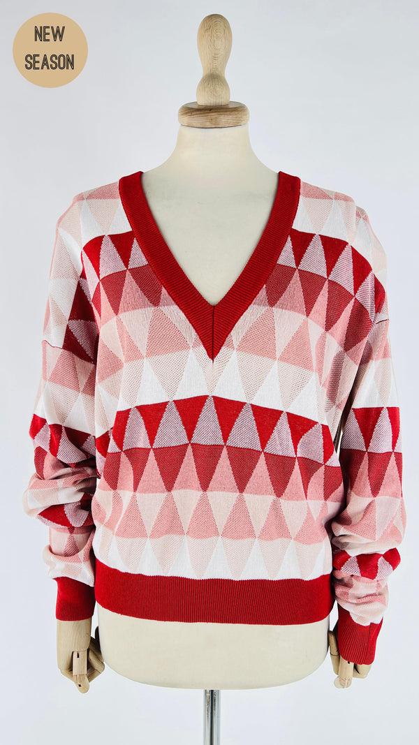 Maglia a V color block con cartellino