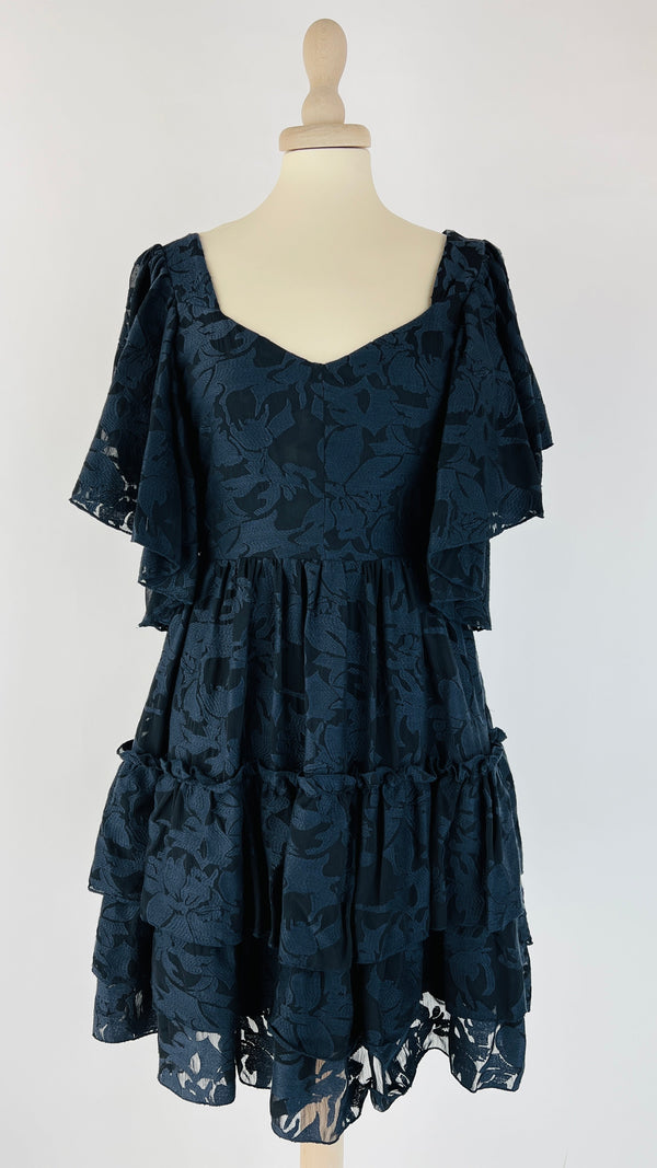 Abito corto in pizzo blu con cartellino