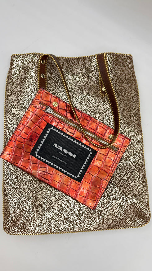 Tote-bag marrone-oro con cartellino
