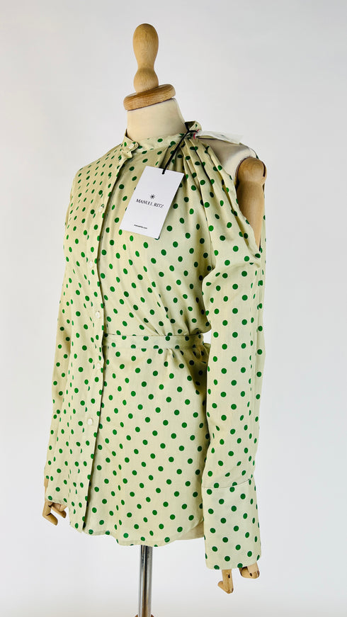 Camicia asimmetrica a pois con cartellino